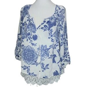 Unique Spectrum Floral Peasant Blouse Tassel Tie 3/4 Sleeve Top Size L